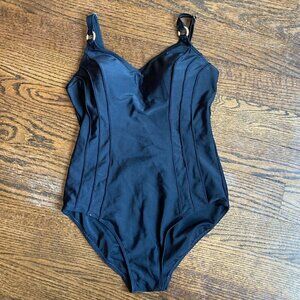 Black One piece bathing suit /waist forming gold ring detail on strap size 16-XL